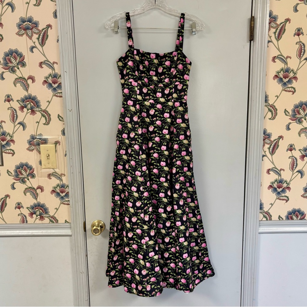 Hill House Black and Pink Floral Midi Dress